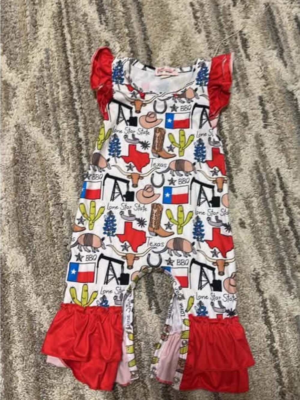 Girls White Texas Print Ruffle Romper with Red Accents